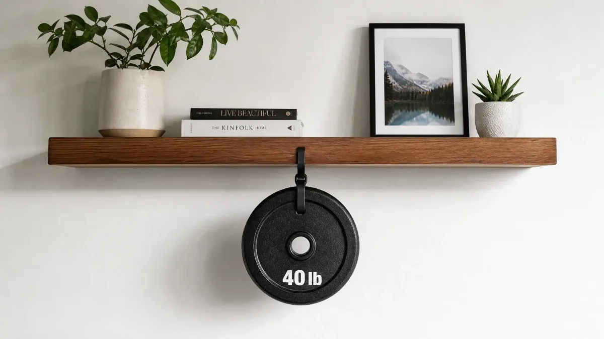 A floating shelf under a 40 lb weight test with no visible brackets and no sag