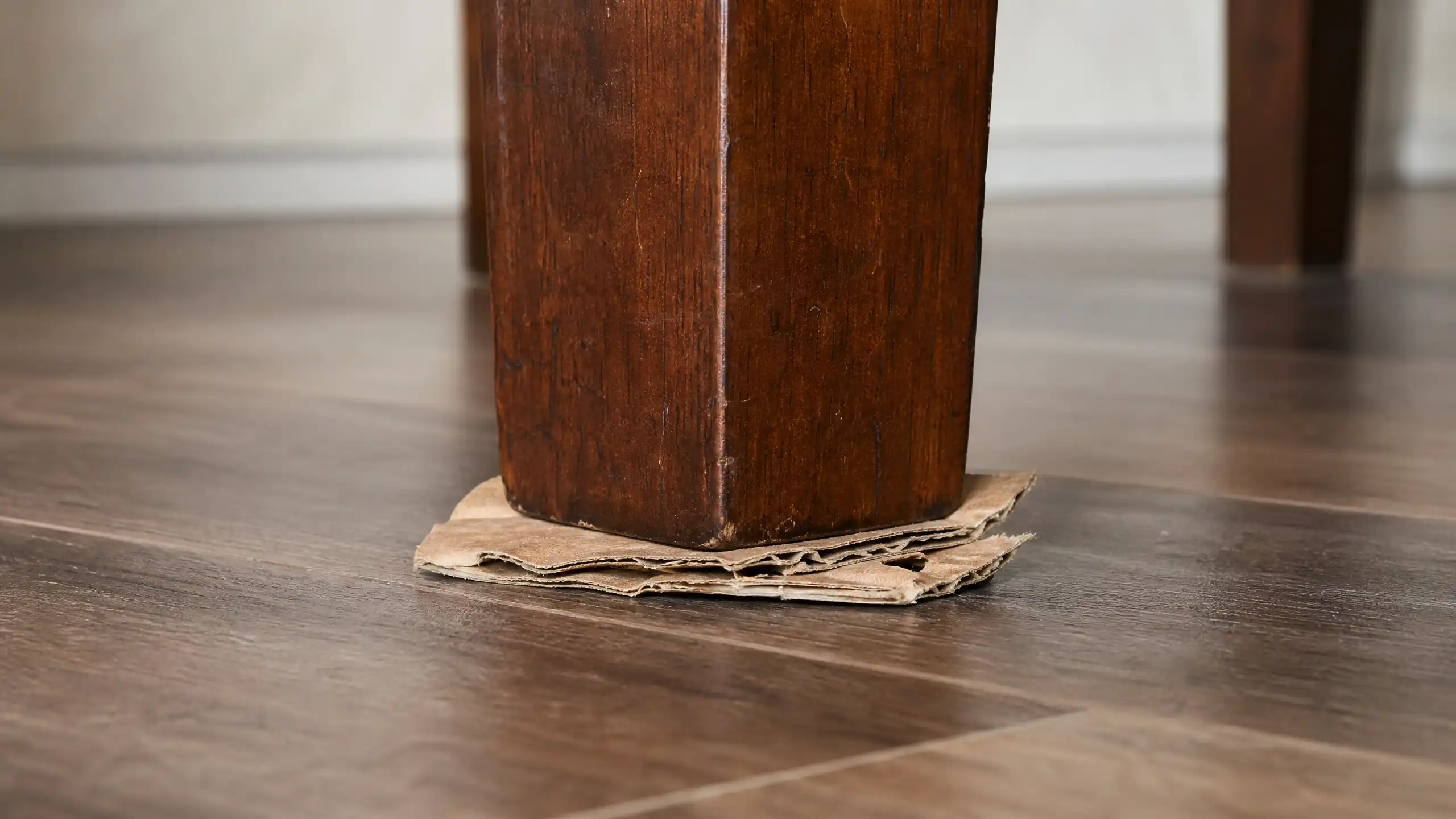 A wobbly dining table with a cardboard shim wedged under the leg, showing the failed leveling attempt on an uneven floor