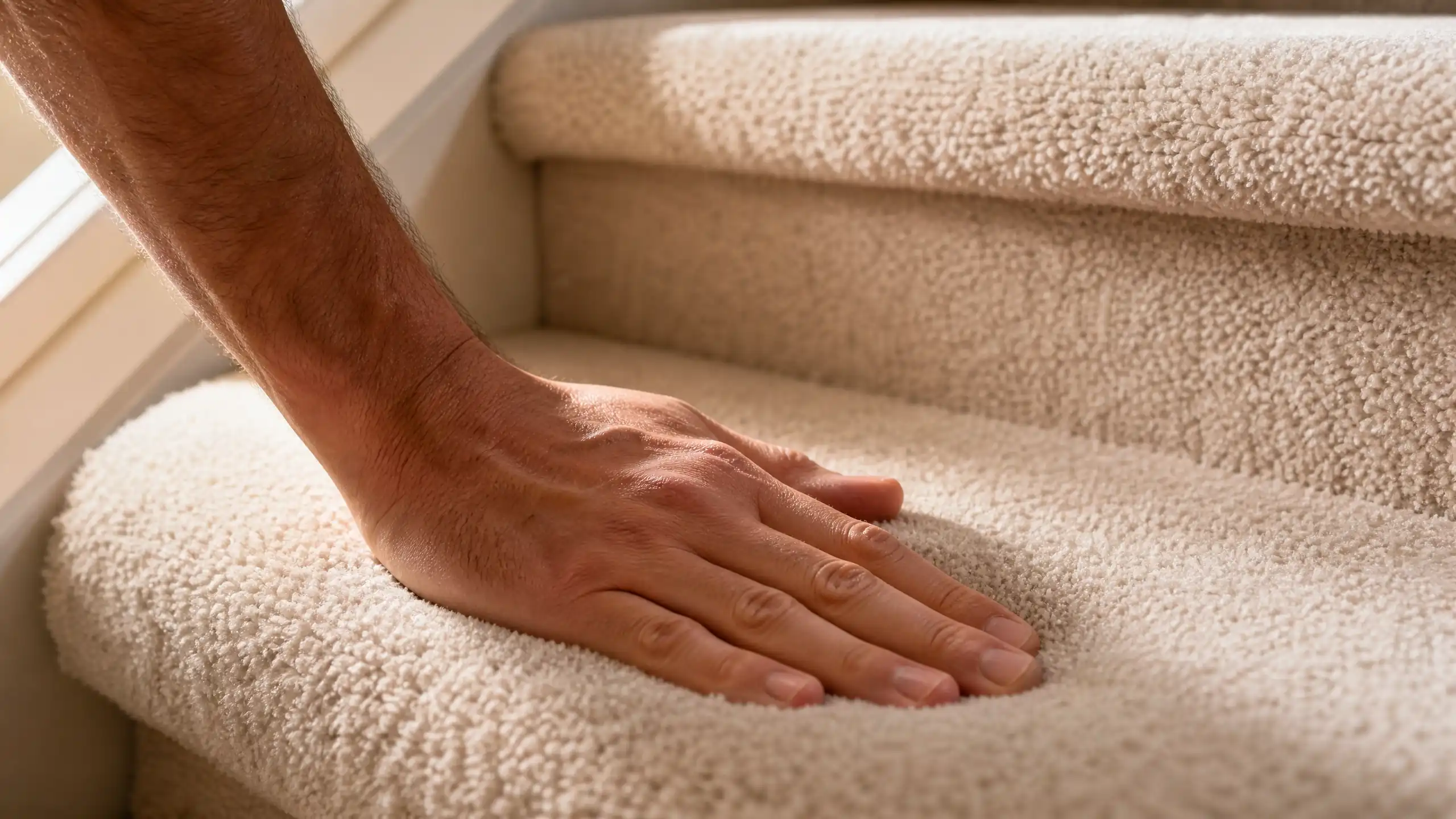 Carpeted staircase with a visible squeaky step, showing the finished-drywall underside that prevents access from below