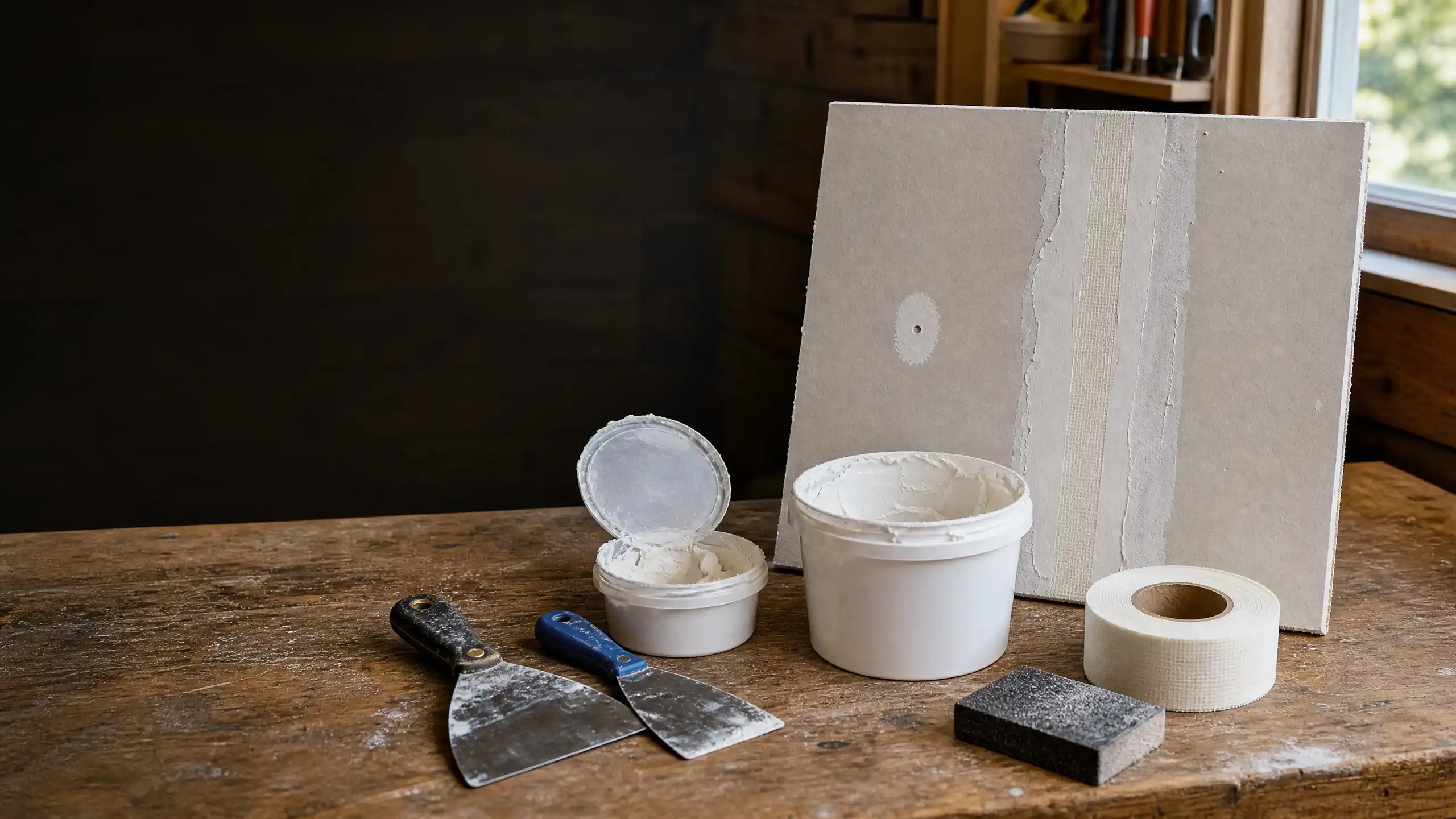 Two white tubs of spackle, drywall scrapers, and a roll of joint tape laid out on a wooden workbench
