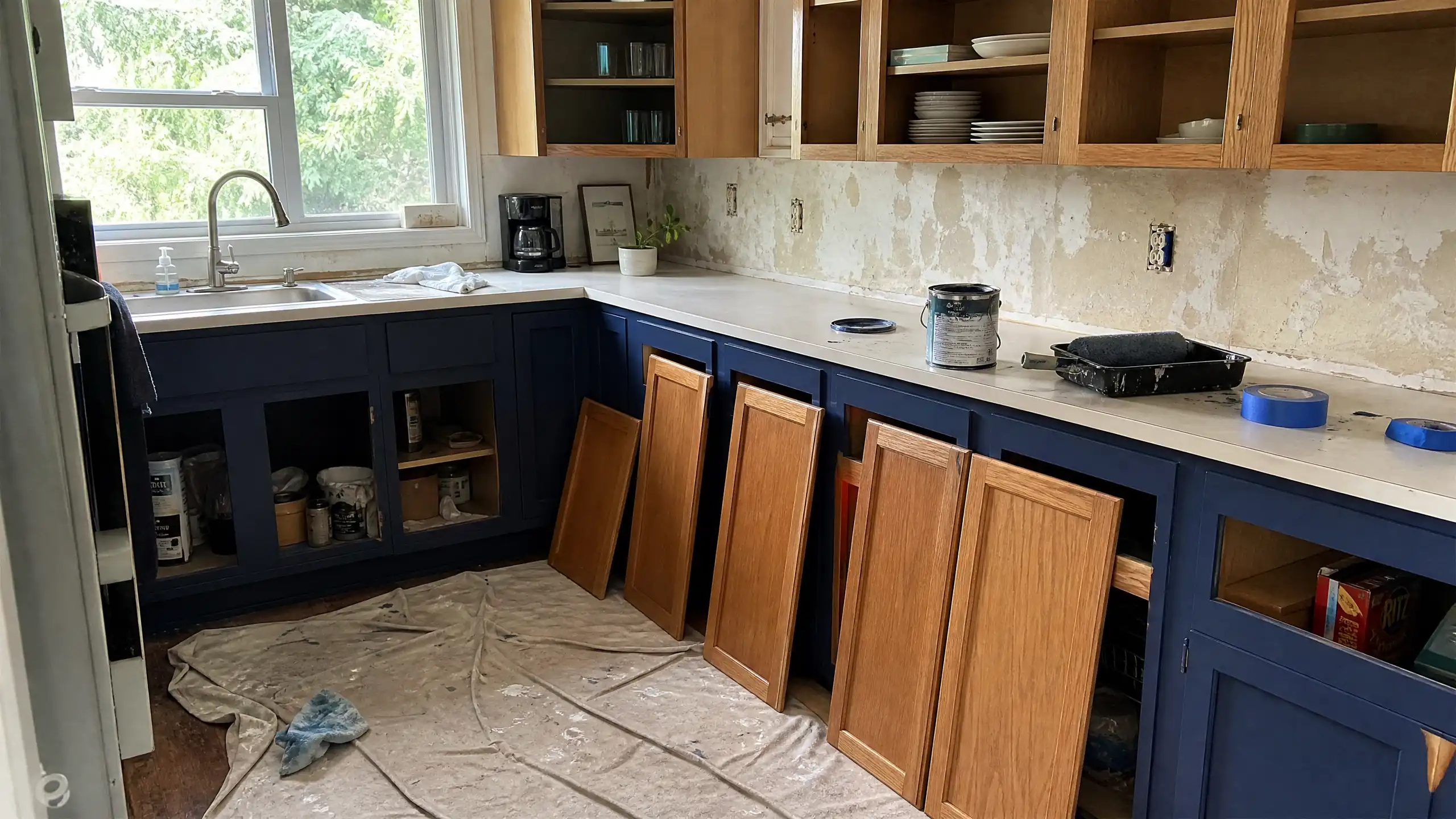 Freshly painted white kitchen cabinets with brushed nickel hardware, showing the finished result after a DIY paint job
