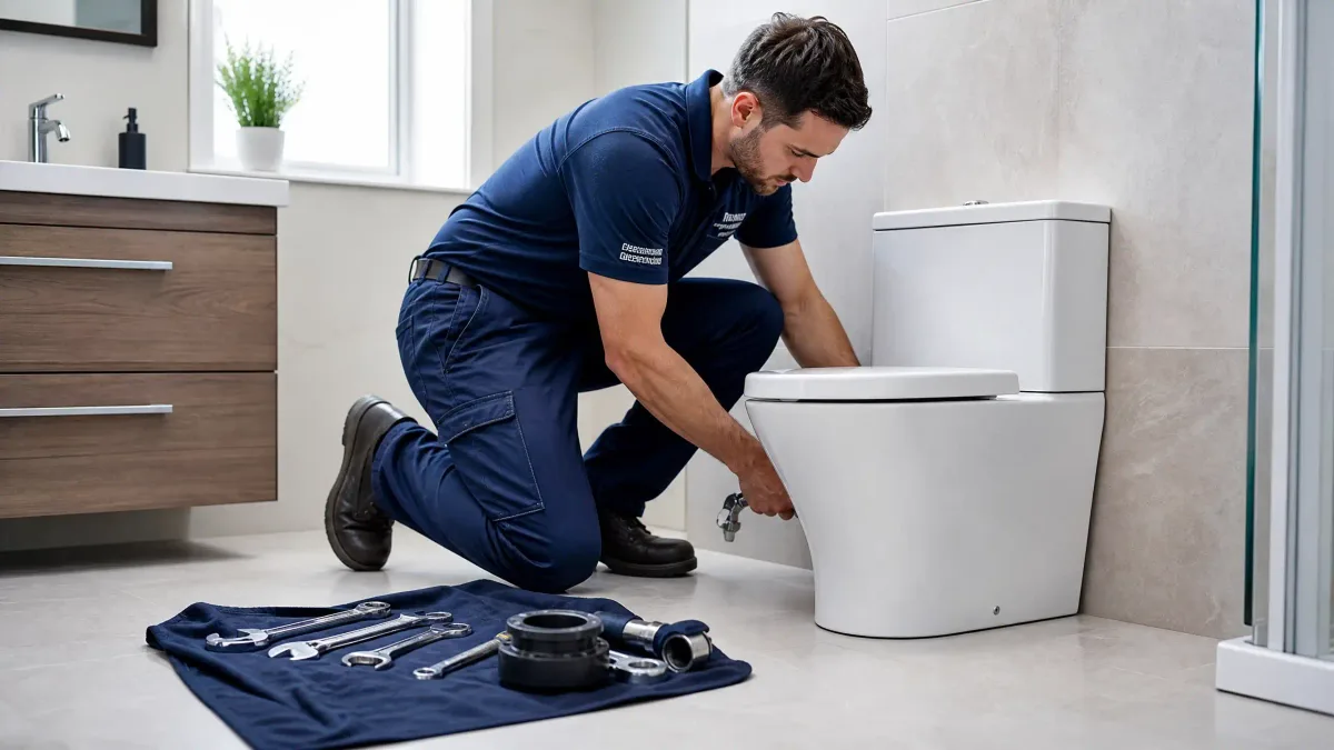 A newly installed white dual-flush toilet in a bathroom, with the supply line and shutoff valve visible at the base