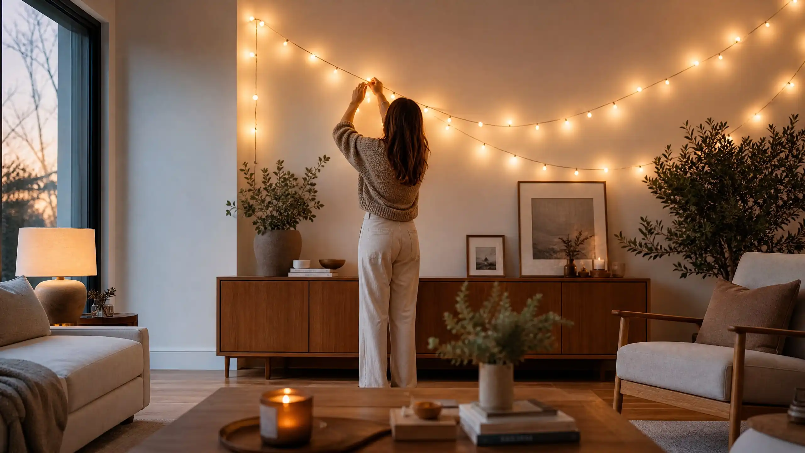 Home exterior decorated with warm festive string lights during a home improvement project