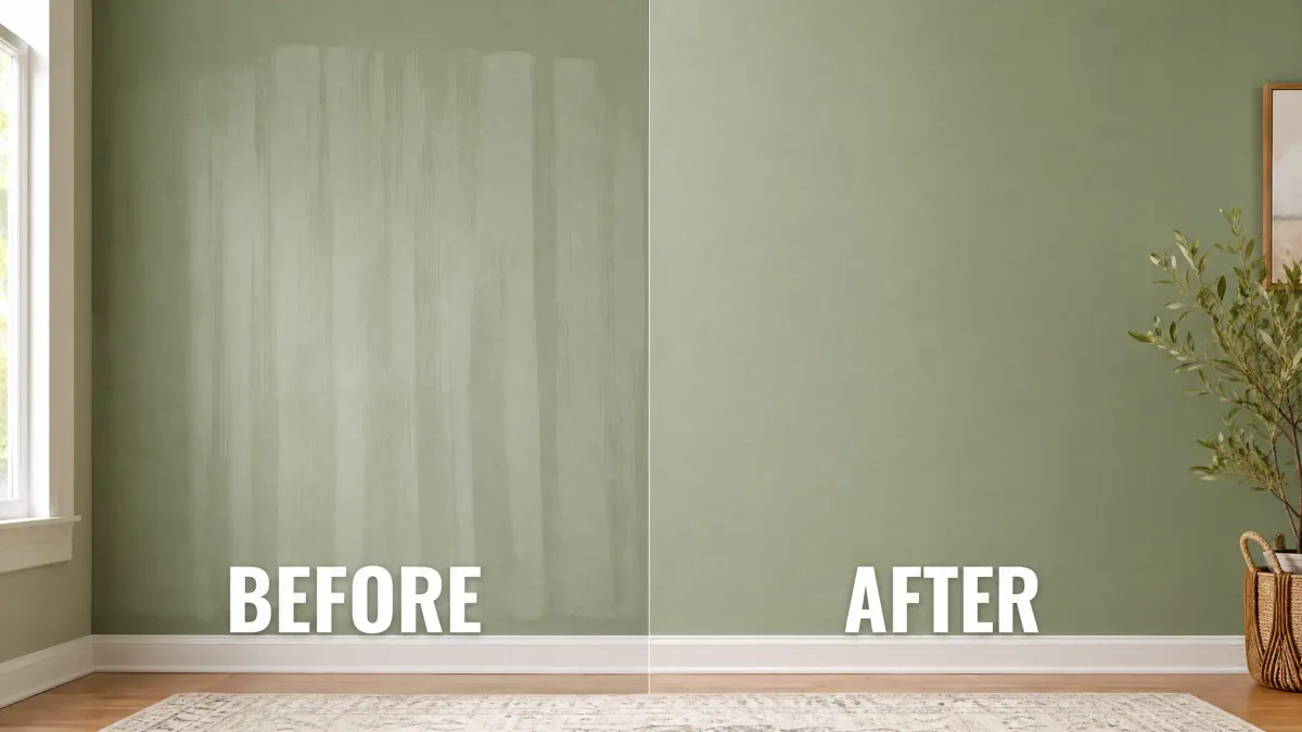 Side-by-side comparison of a sage-green wall with visible lap marks next to one painted with a wet edge for a flat, even finish