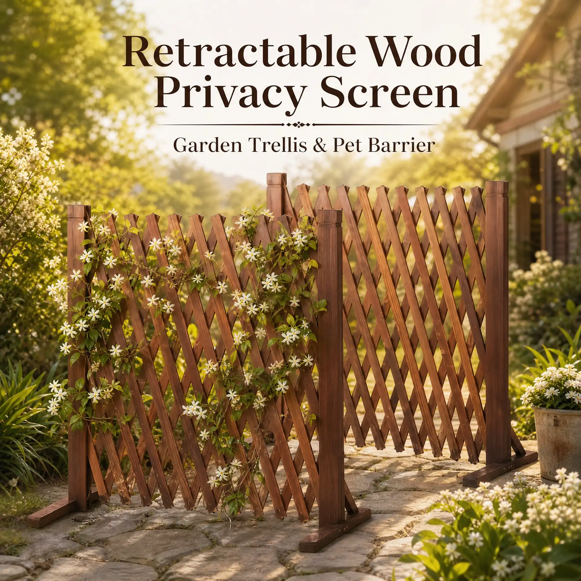 A backyard patio bordered by a mix of a wooden lattice panel and a tall clumping bamboo hedge, creating a layered privacy screen