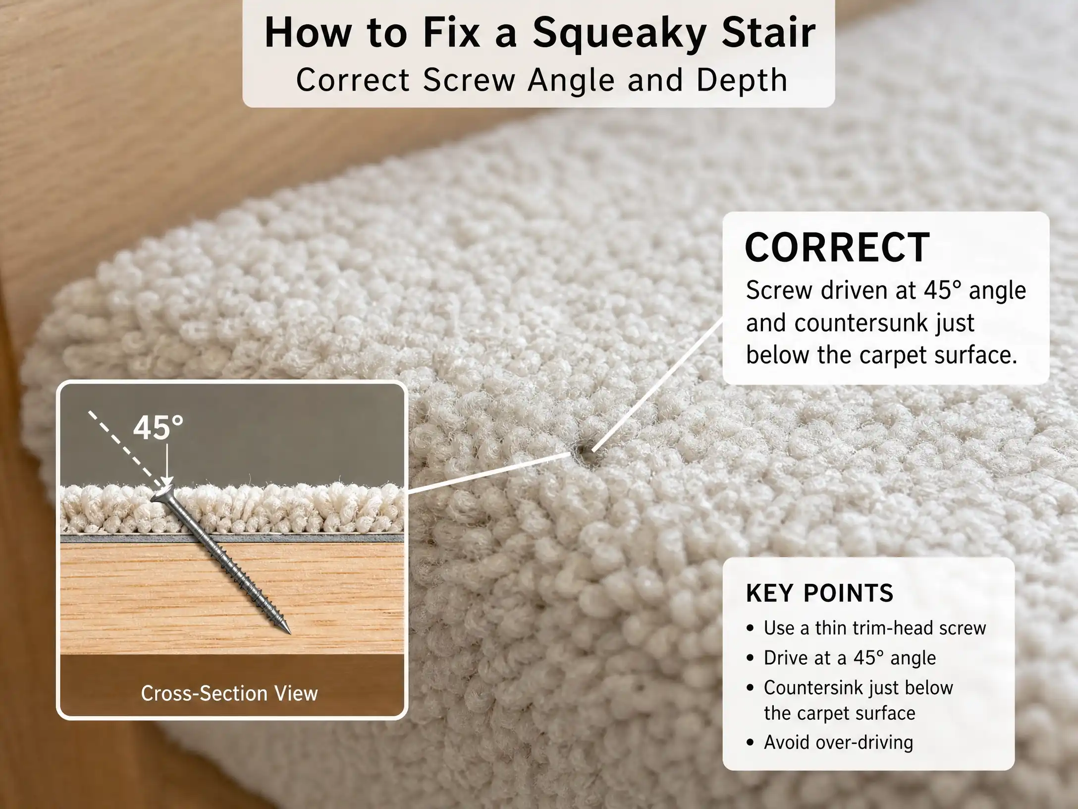 Close-up of a trim-head screw countersunk through carpet into a stair tread, with wood filler covering the hole
