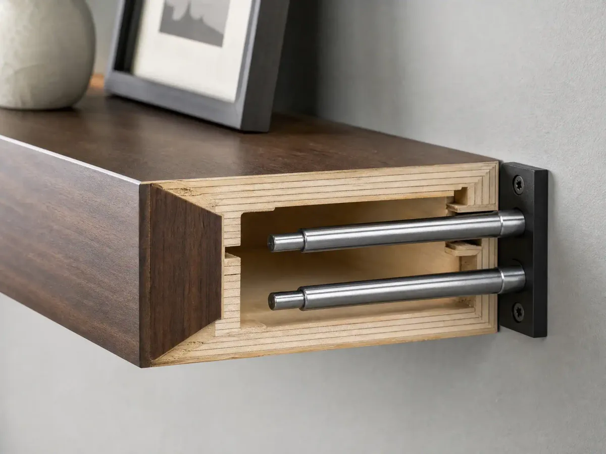 Close view of the steel rods seated inside the plywood shelf core before the oak face is attached
