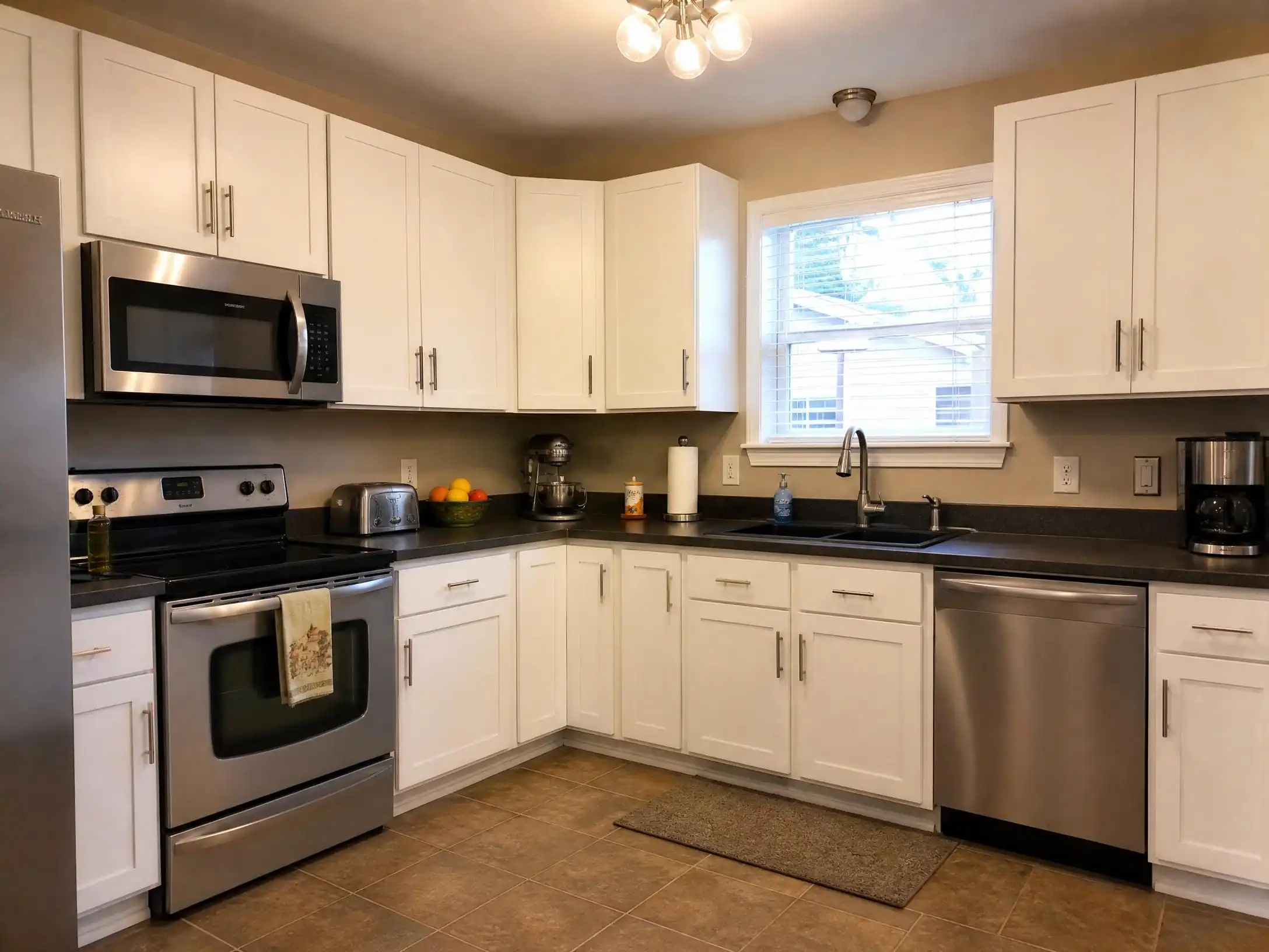 Finished DIY kitchen renovation showing freshly painted white shaker cabinets with brushed nickel bar pulls and dark countertops