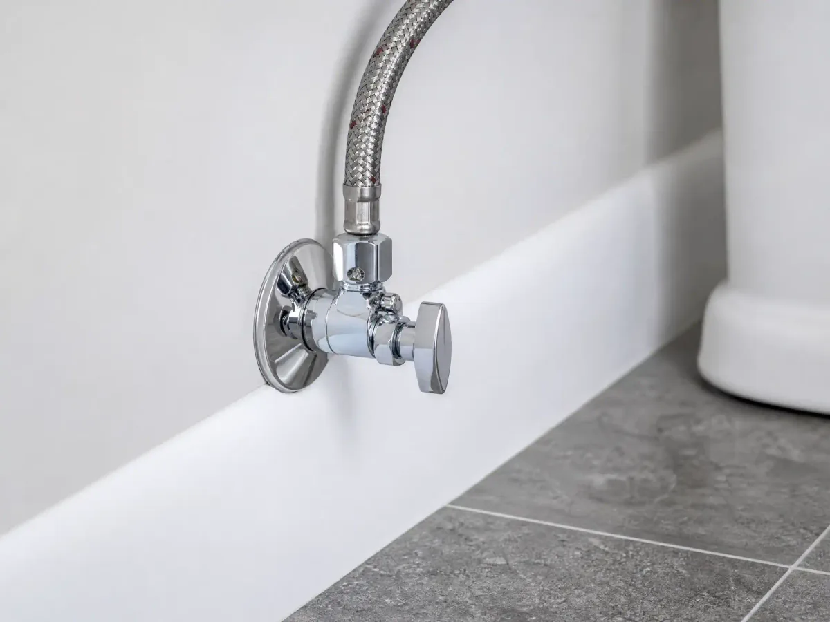 Close view of a toilet base with the braided supply line and new shutoff valve connected