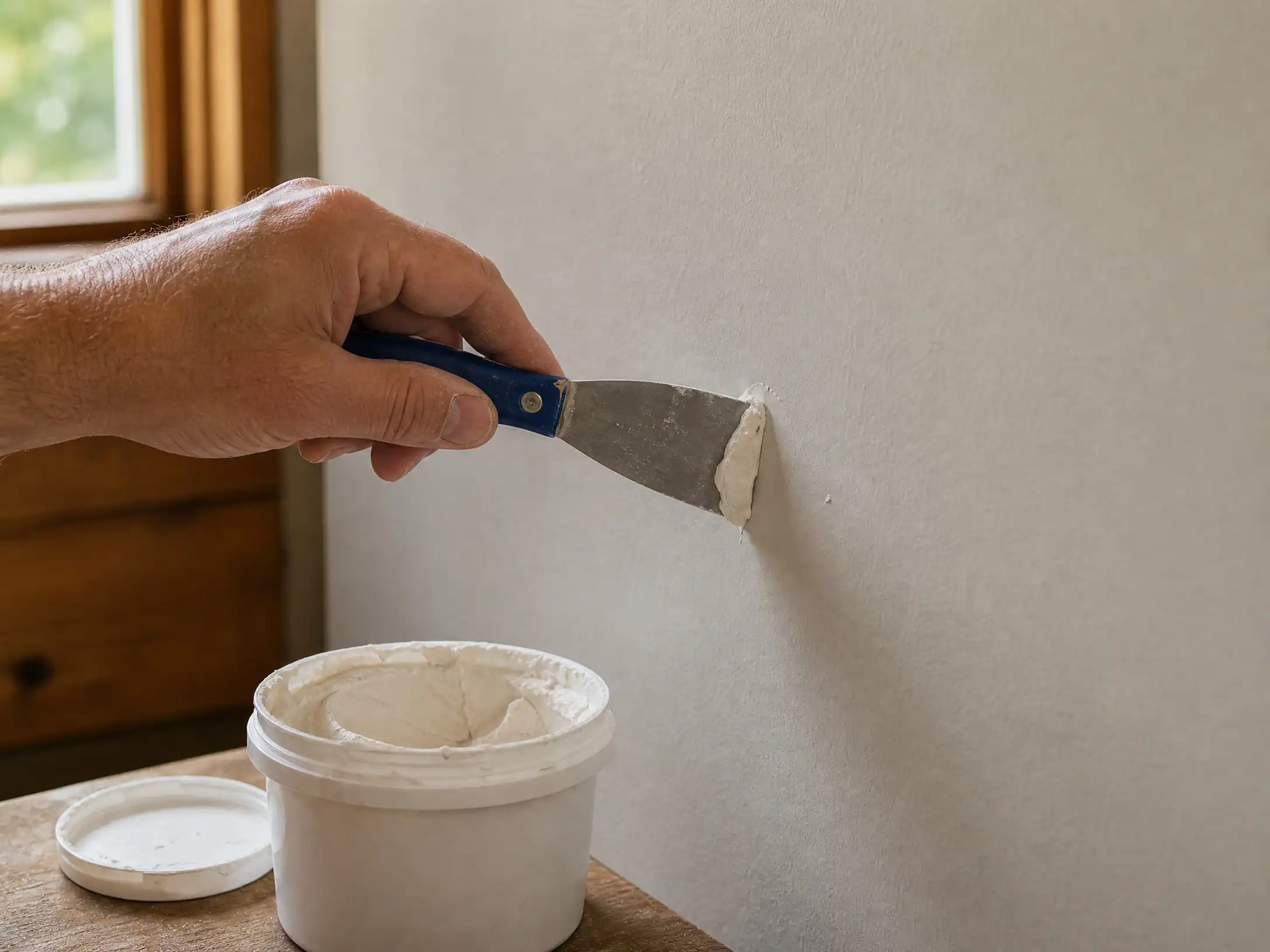 Hand applying spackle to a small nail hole in a painted drywall wall with a putty knife