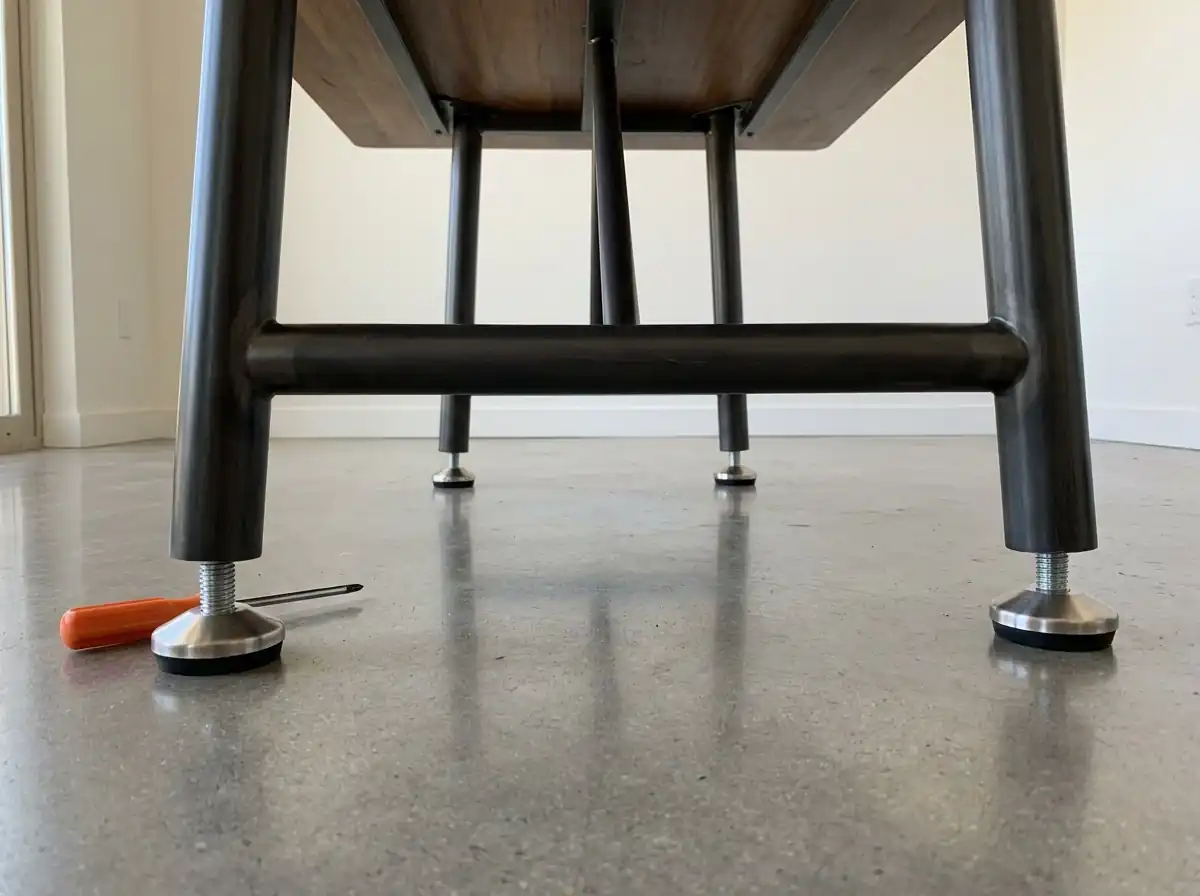 Self-leveling furniture feet installed under a dining table leg, one visibly loose after stripping its threads